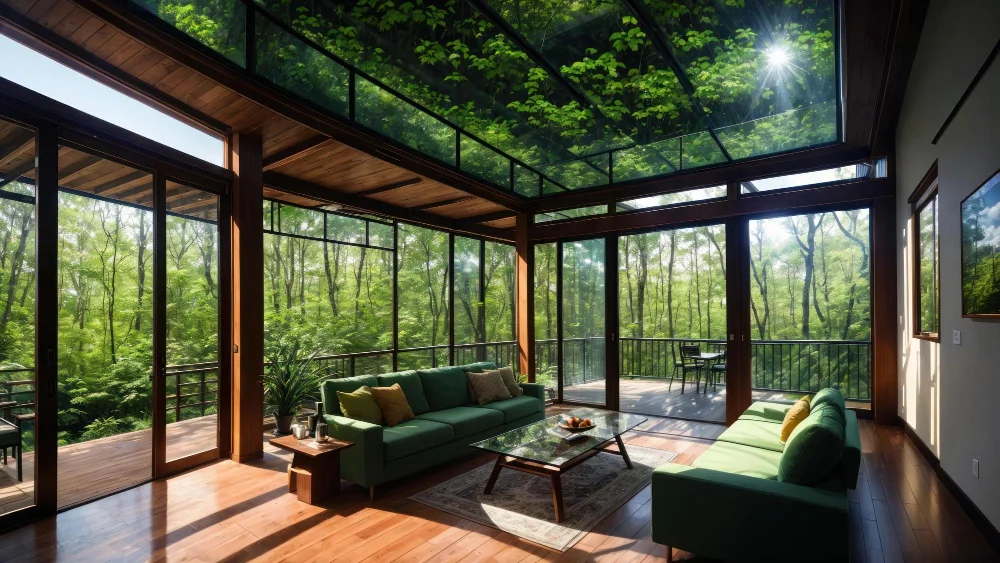Glass house interior forest view