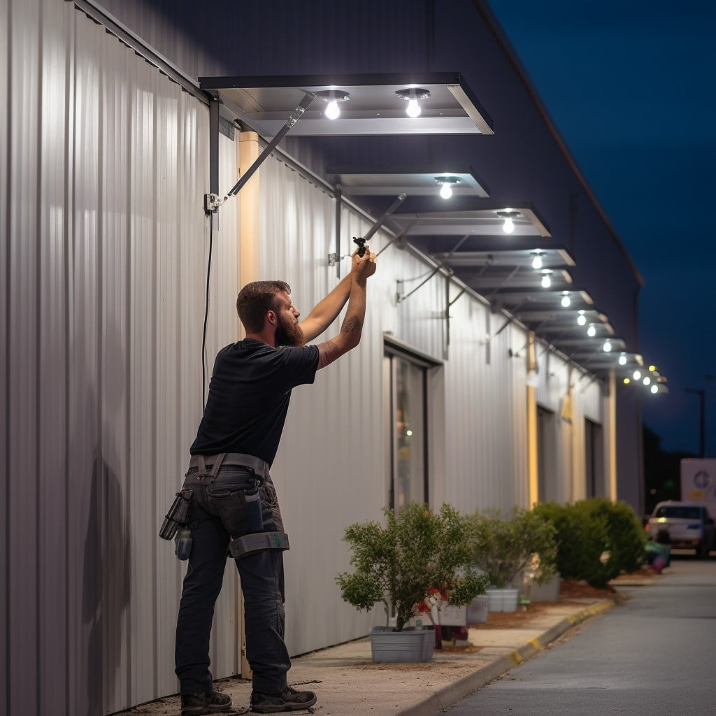 process of mounting lights on a metal building