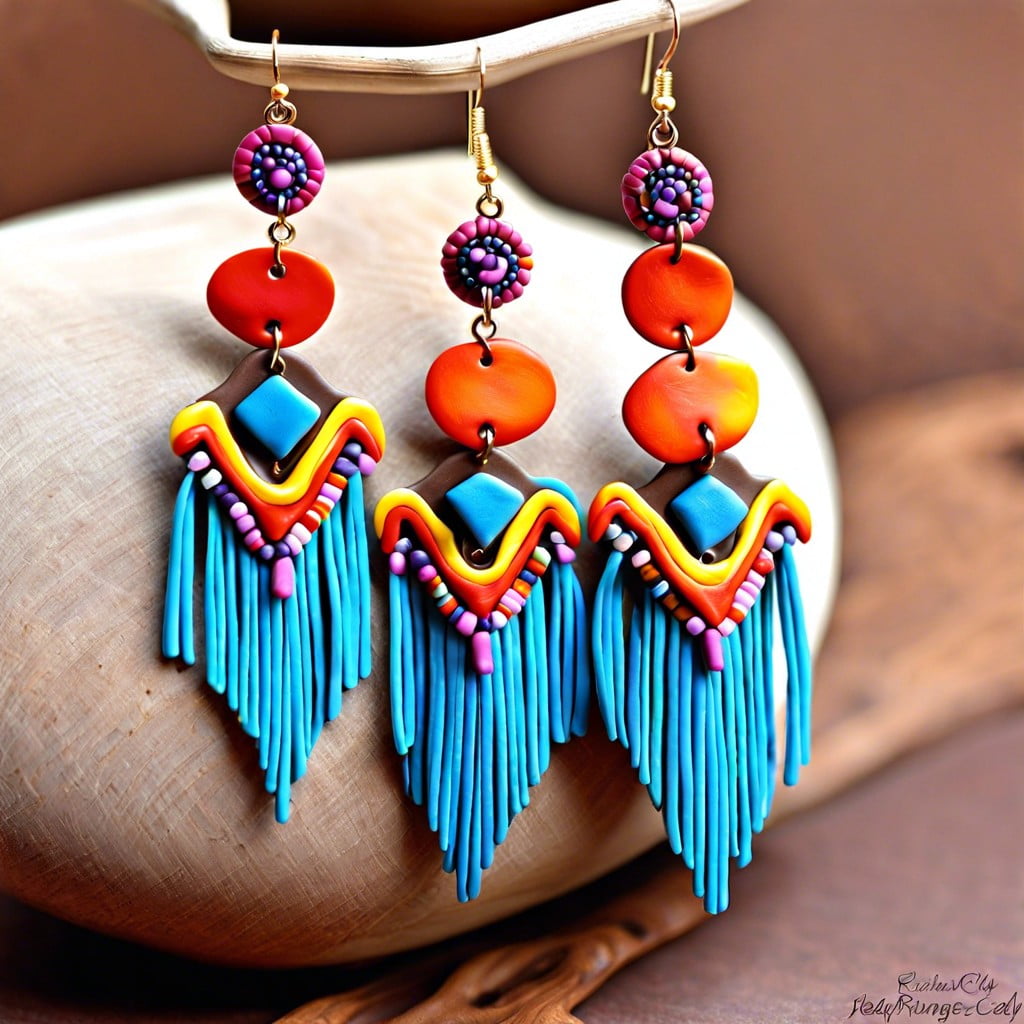 earrings with colorful clay fringes